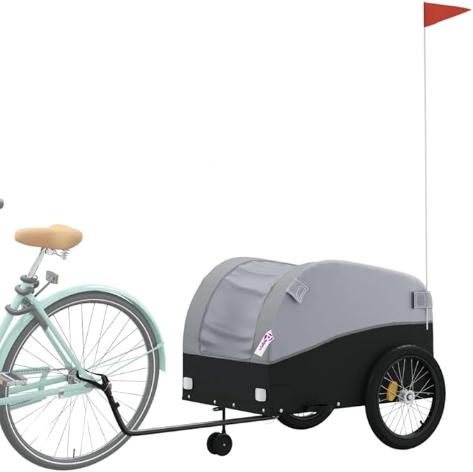 Bike Wagon Trailer, Bike Cart with Safety Flag, Bike Trailer Bicycle Cargo Trailer, Black and Gray 99.2 lb Iron, 26.8"x52.4"x26.8"