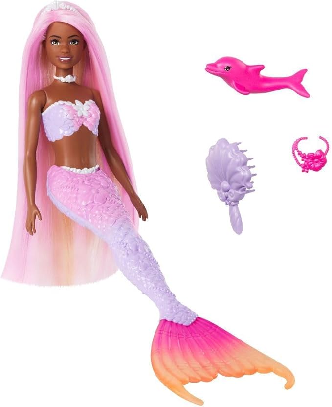 Barbie Mermaid Doll, “Brooklyn” with Pink Hair, Styling Accessories, Pet Dolphin and Water-Activated Color Change Feature, HRP98