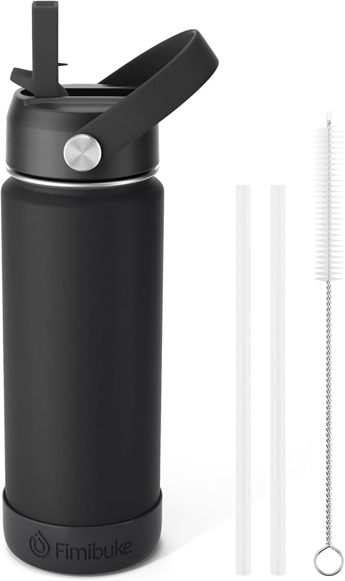 Fimibuke Kids Insulated Water Bottle, 18oz BPA FREE 18/8 Stainless Steel Kids Cup with Straw Travel Tumbler Double Wall Vacuum Leak Proof Toddler Water Bottle for School Boys Girls(1 Pack, Black)