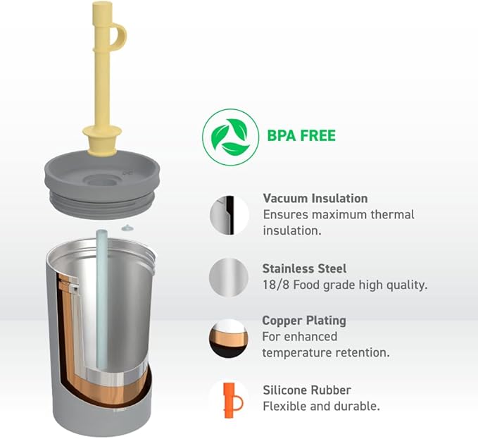 asobu Stainless Steel Kids Tumbler with Flexible Straw Lid | Insulated Water Bottle | Reusable Travel Cup 12 Ounce (Grey)