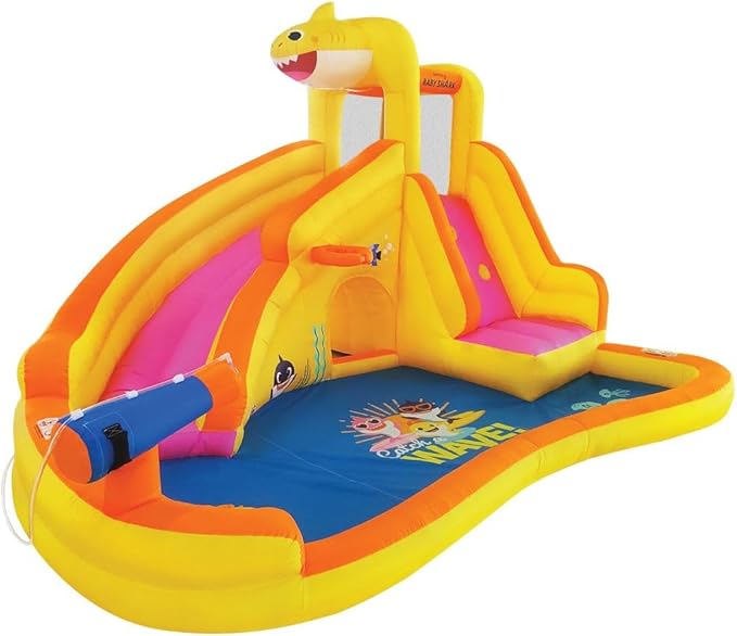Funormous Baby Shark Bounce House with Slide Wet or Dry, Pink Fong Inflatable Water Slide, Party Outdoor Curve Waterslide Fun, Kids Backyard Water Park, Includes Water Sprayer, Pool & Blower