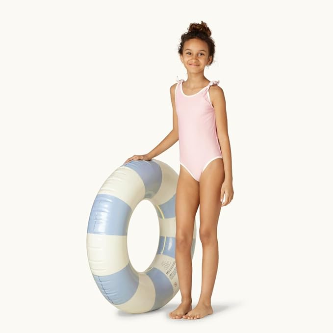 Petites-Pommes Lake Floats for Kids - Durable Inner Tube, Handprinted Classic Striped Design Pool Float Rings, Soft Comfort Seaming, Packable Floats for Travel, Light Blue, 35 inch