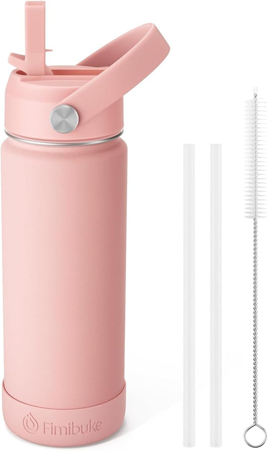 Fimibuke Kids Insulated Water Bottle, 18oz BPA FREE 18/8 Stainless Steel Kids Cup with Straw Travel Tumbler Double Wall Vacuum Leak Proof Toddler Water Bottle for School Boys Girls(1 Pack, Blush)