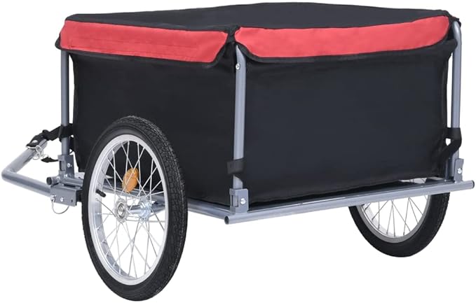 Bike Cargo Trailer with Rain Cover, Bicycle Cargo Trailer Foldable Two-Wheel Bike Luggage Wagon Bicycle Trailer with Removable Cover, Black and Red, Maximum Load Capacity: 143.3 lb