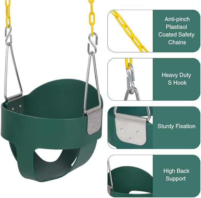 RedSwing Toddler Swing Set, Heavy Duty High Back Full Bucket Swing with Belt Swings Seat Combo Pack for Swingset, Tree Straps and 4 Hooks Included, Green