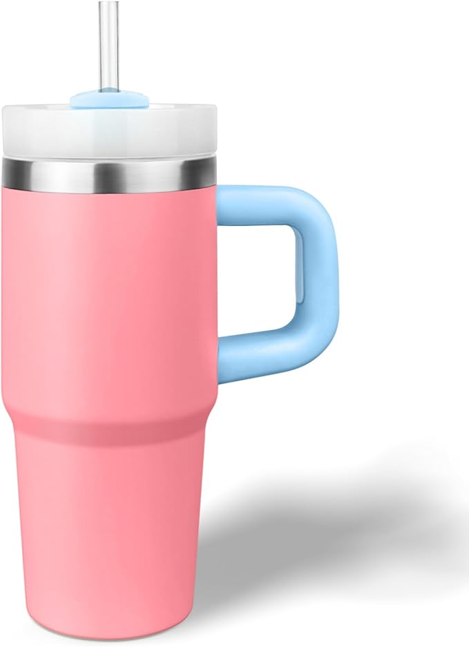 14 oz Tumbler with Handle and Straw, 14oz Toddler Tumbler with Lid and Straw for Kids Stainless Steel Tumblers, Outdoor Sports Travel School Gift, Keeps Drinks Cold up to 24 Hrs(PinkBlue)