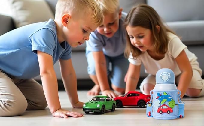 Kids Insulated Tumbler Set – 16 oz Stainless Steel Bottle with 2 Lids (Straw + Pour), Screw-On Cup, Adjustable Strap, Silicone Sleeve + 8 Charms – BPA-Free, Gift-Ready (Car Race)