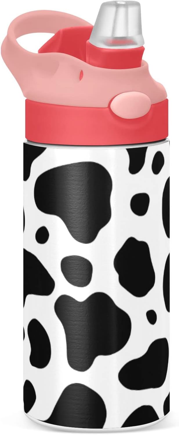 Kigai Black & White Cow Print Kids Water Bottle with Straw Lid, Vacuum Insulated Stainless Steel Double Walled Leakproof Tumbler Travel Cup for Girls Boys Toddlers, 12 oz