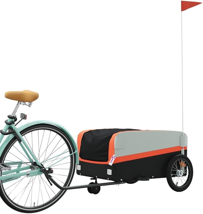 Bike Trailer Bicycle Cargo Trailer, Bike Wagon Trailer, Bike Cart with Safety Flag, Black and Orange 99.2 lb Iron, 54.3"x27.2"x22.8"