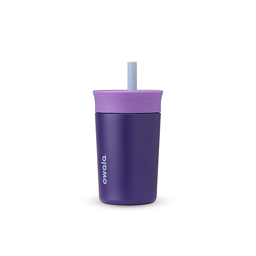 Owala Kids Insulation Stainless Steel Tumbler with Spill Resistant Flexible Straw, Easy to Clean, Kids Water Bottle, Great for Travel, Dishwasher Safe, 12 Oz, Purple (Peacock Palace)