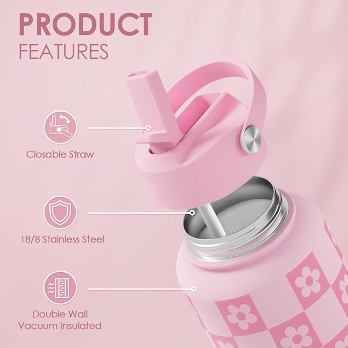 Checker Daisy Water Bottle 32oz Stainless Steel with Lid & Straw, Checkerboard Insulated Bottles Gifts for Women Girls Friends, Gift Idea for Birthday Christmas