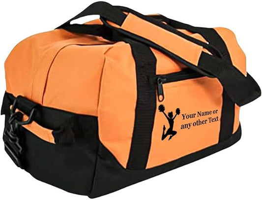 Personalized Passion 14” Small Sports Duffel Bags for Kids - Waterproof Travel Duffle with Name & Cheerleading Design - Orange Two-Toned Kids Weekender Bag for Boys and Girls
