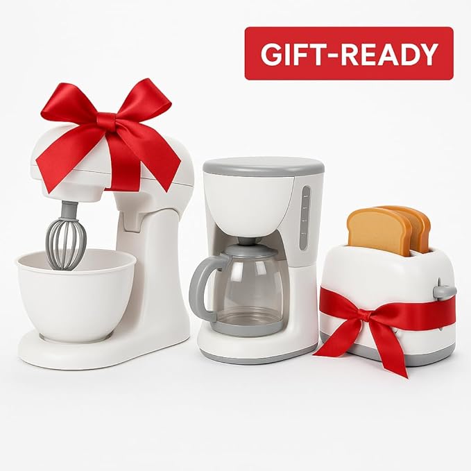 Kids Kitchen Appliance Playset – Mixer, Coffee Maker & Toaster – Pretend Cooking Toy Set, 3-Piece White Bundle