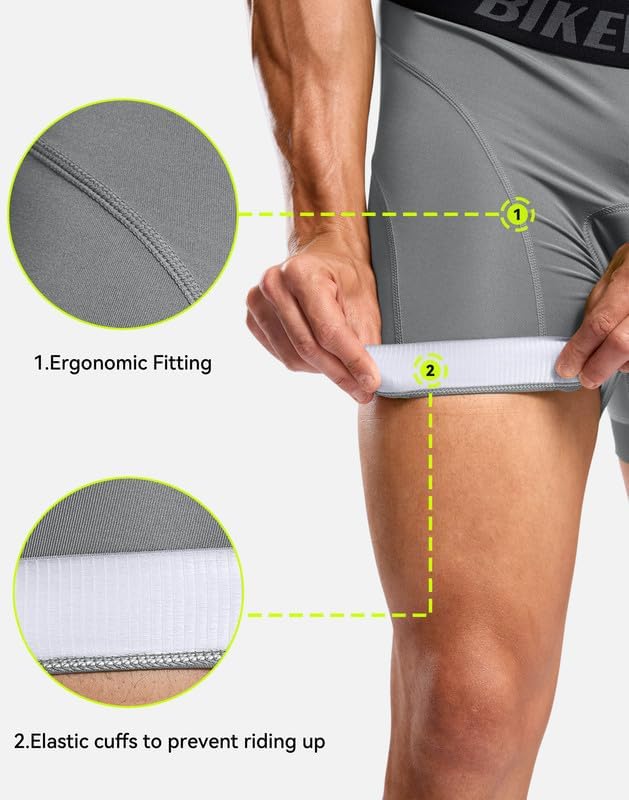Bikewa Men's Cycling Underwear with Anti-Slip Leg Grips 4D Padded Bike Shorts MTB Liner for Bicycle Biking Riding