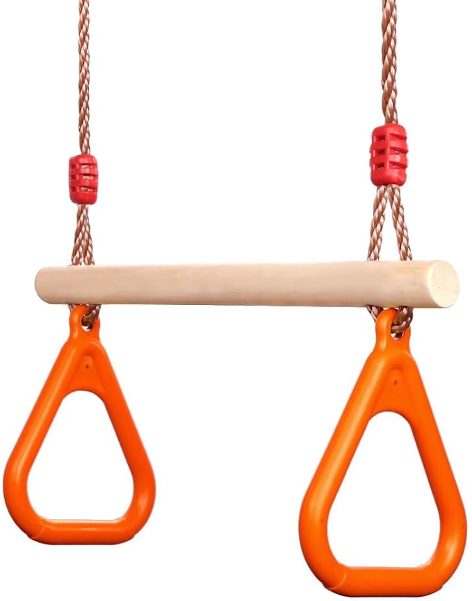 PELLOR Kids Trapeze Bar with Rings,Wooden Trapeze Swing Bar for Ninja Warrior Obstacle Course,Children's Swing Set Indoor Outdoor Garden,Yard,Playground