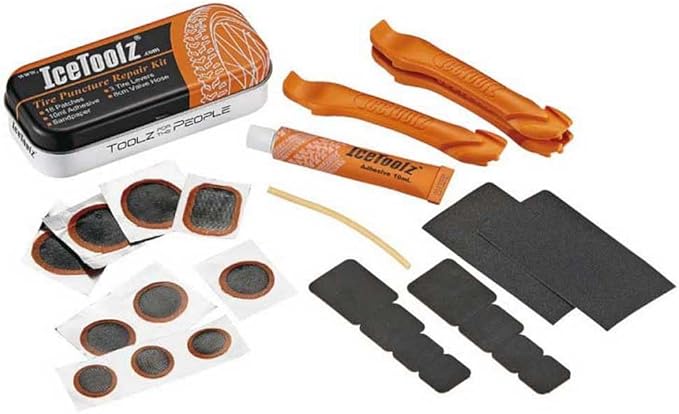 IceToolz Bicycle Tire Puncture Repair Kit | Patch Tool Road Emergency | Orange Tin Box