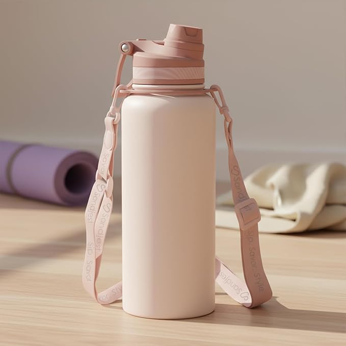 SANDJEST Stainless Steel Water Bottle with Strap 32oz, Insulated Bottles with Straw and Spout Lid for Gym Sports Travel Outdoor, Gifts for Women Girls Birthday Christmas (Beige)