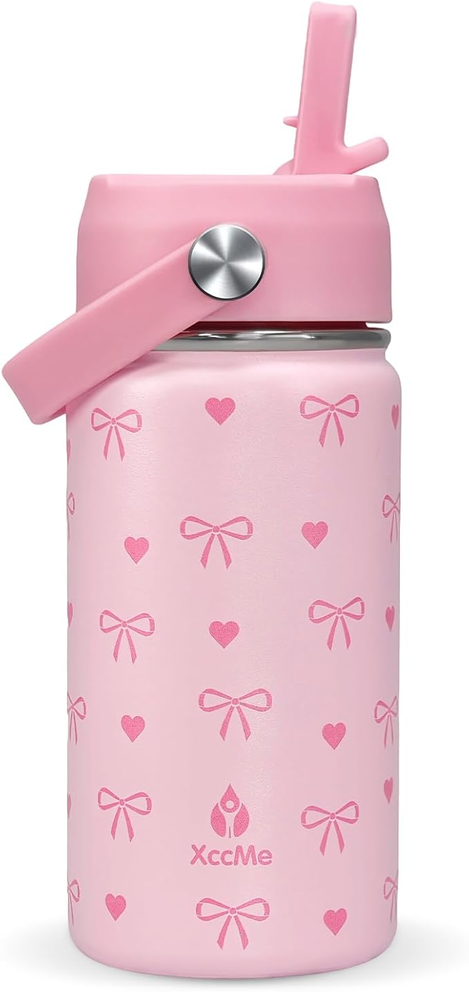 Kids Water Bottle With Straw Lid,Pink Bow 14 oz Stainless Steel Travel Bottle,Double Wall Leak Proof Kids Cup,Insulated Tumbler for Toddlers,Metal Bottle for School Boys Girls