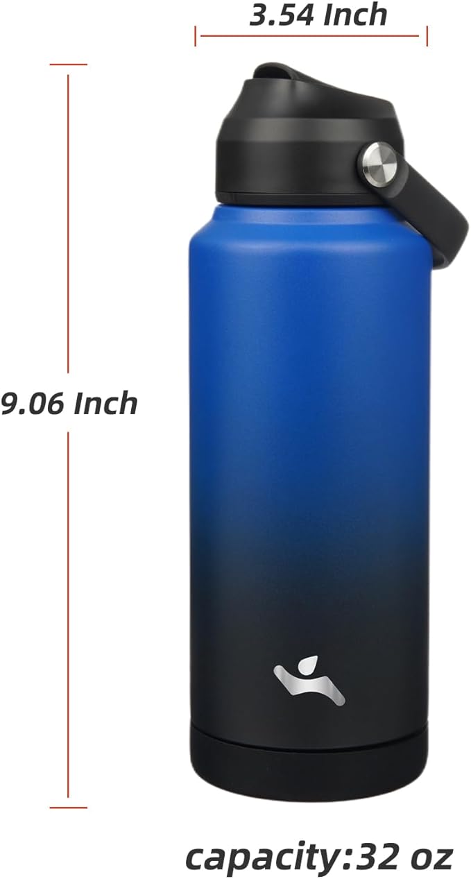 Insulated Water Bottle with Straw Lid,32 oz Stainless Steel Vacuum Metal Bottle with Silicone Handle,Black Blue