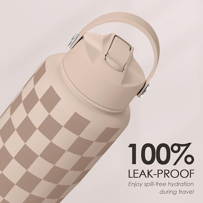 Checkerboard Water Bottle 32oz Stainless Steel with Lid & Straw, Beige Checker Insulated Bottles for Women Girls, Gift Idea for Christmas Birthday