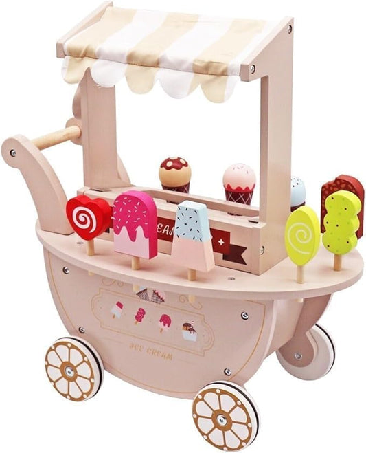 Toddler Wooden Ice Cream Cart Toys, Pretend Play Set Food Truck with Wheels for 3+ Year Old Girls & Boys – Kids Birthday Gift with Magnetic Accessories
