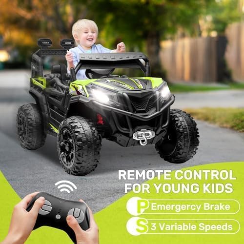 ANPABO 24V Ride on Toys for Big Kids w/Remote Control, 4X75W Motors, Max 4.5MPH, 4WD/2WD Switchable, 4 Shock Absorbers, 19" Spacious Seat, Bluetooth, Electric Car for Kids(Bright Green)
