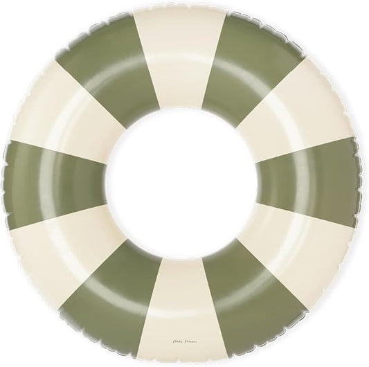 Petites-Pommes Float Ring for Kids - Durable Inner Tube, Handprinted Classic Striped Design Striped Pool Float, Soft Comfort Seaming, Packable Floats for Travel, Military Green, 35 inch