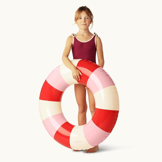 Petites-Pommes Pool Donut for Kids - Durable Inner Tube, Handprinted Classic Striped Design Pool Water Tubes, Soft Comfort Seaming, Packable Floats for Travel, Red & Pink, 35 inch