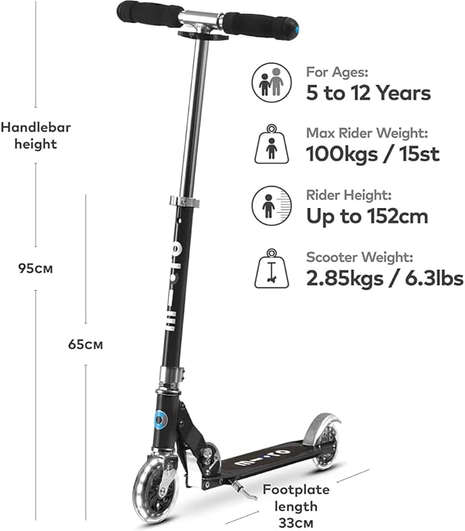 Micro Kickboard | Sprite LED | 2 Wheeled | Fold-to-Carry | Lightweight Swiss-Designed Micro Scooter | Light-Up Wheels| Children and Teens, Ages 6+