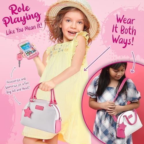 Star Princess Pretend Play Purse Set for Girls - Realistic Purse with Accessories: Toy Phone, Wallet, Credit Cards, Keys, Makeup for Role Playing Toys for Girls Ages 3-8