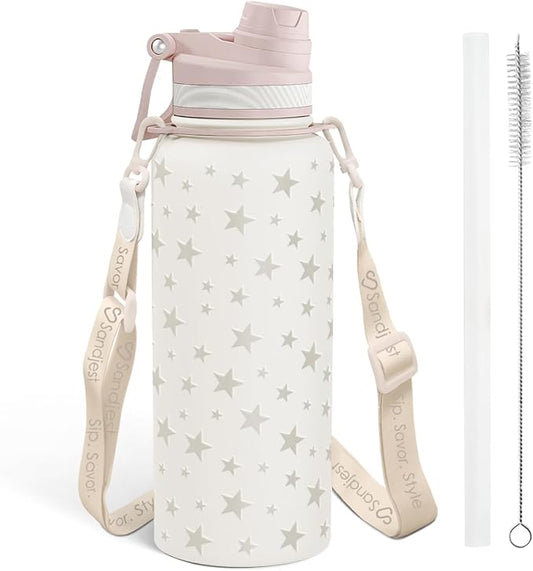 Star and Moon Stainless Steel Water Bottle with Strap 32oz, Insulated Bottles with Straw and Spout Lid for Gym Sports Travel Outdoor, Gifts for Women Girls Birthday Christmas