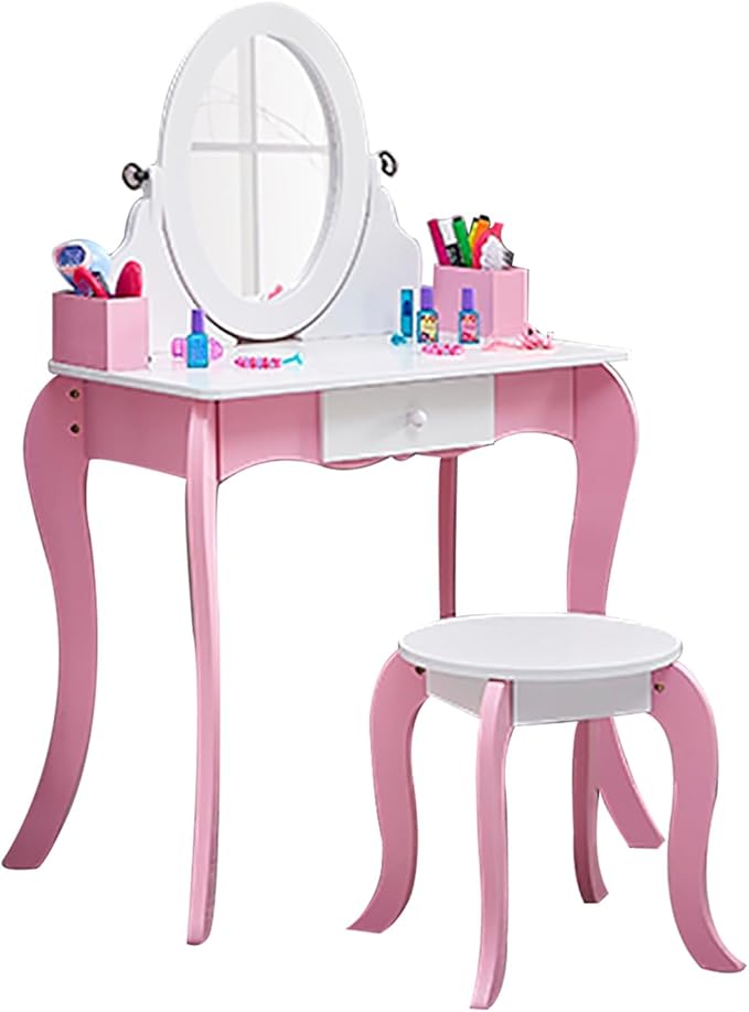 Wooden Vanity Set with 360° Swivel Mirror (Whiteboard & Mirror) & Stool, Kids Makeup Dresser Table with Anti-Tip Design, Storage Drawer for Ages 4-9 Girls, Ideal Gift for Birthday/Christmas