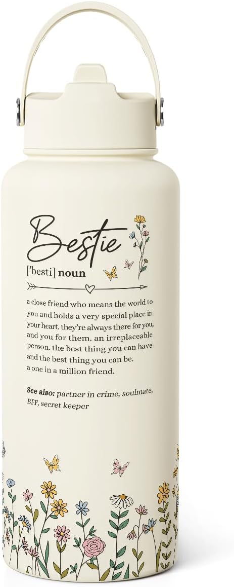 Best Friend Water Bottle 32oz Stainless Steel with Lid & Straw, Bestie Insulated Bottles for Women Girls Female Friends Sisters, Gifts Ideas for Birthday Christmas