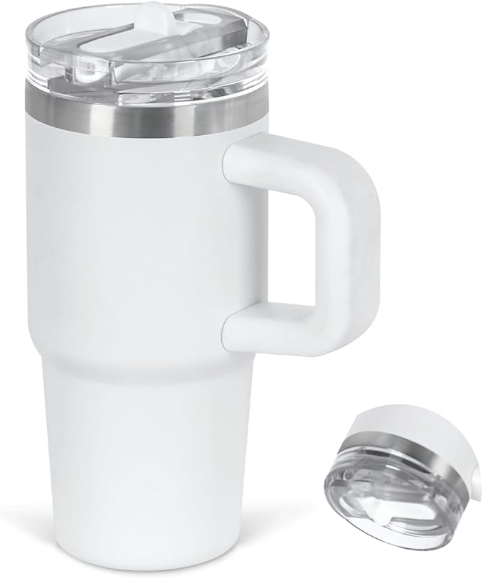 Cosictic 14 Oz Flip Straw Tumbler with Handle for Kids, Stainless Steel Double Wall Insulated Cup for Children with Flip Top Lid, 14 Oz Leak-proof Cups for Kids, White