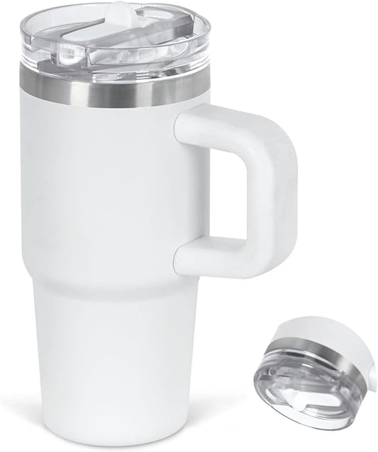 Cosictic 14 Oz Flip Straw Tumbler with Handle for Kids, Stainless Steel Double Wall Insulated Cup for Children with Flip Top Lid, 14 Oz Leak-proof Cups for Kids, White