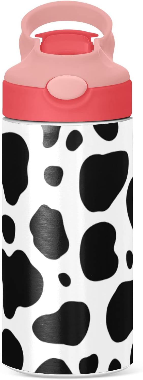Kigai Black & White Cow Print Kids Water Bottle with Straw Lid, Vacuum Insulated Stainless Steel Double Walled Leakproof Tumbler Travel Cup for Girls Boys Toddlers, 12 oz