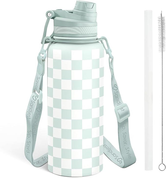 SANDJEST Checker Stainless Steel Water Bottle with Strap 32oz, Insulated Bottles with Straw and Spout Lid for Gym Sports Travel Outdoor, Gifts for Women Girls Birthday Christmas