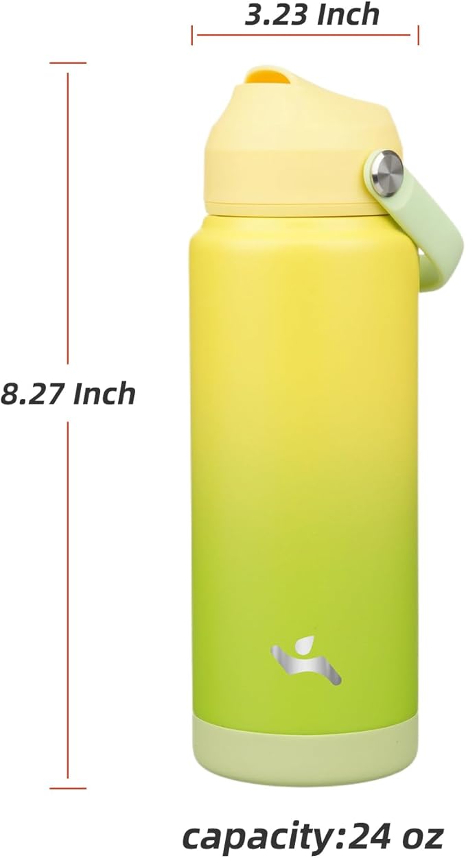 Insulated Water Bottle with Straw Lid,24 oz Stainless Steel Vacuum Metal Bottle with Silicone Handle,Lime