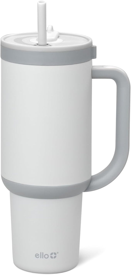 Ello Oasis 40 oz Tumbler with Handle & Retracting Straw | Reusable Insulated Stainless Steel Cup 100% Leakproof, Gifts for Teens Women Men | Keeps cold for 20 Hours, Cup Holder Friendly, Grayscale