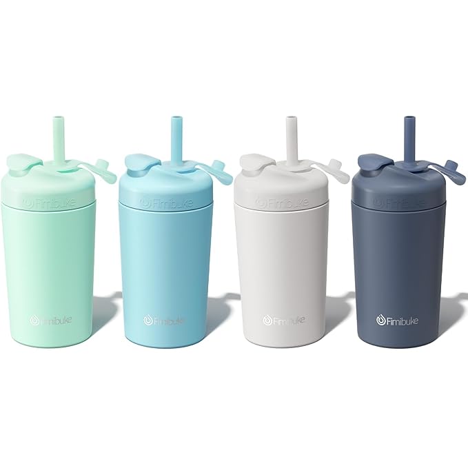 Fimibuke Kids & Toddler Cups, 10 OZ Spill Proof Straw Cups for Toddlers, 4 Pack Leak-Proof Kid Insulated Tumbler with Screw-On Lid & Silicone Straw with Stopper, Stainless Steel Sippy Cup for Girl Boy