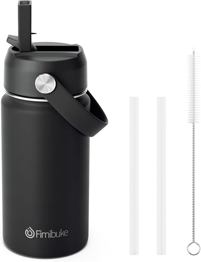 Fimibuke Kids Insulated Water Bottle, 14oz BPA FREE 18/8 Stainless Steel Travel Tumbler Double Wall Vacuum Leak Proof Kids Cup with Straw Metal Water Bottle for School Boys Girls(1 Pack, Black)