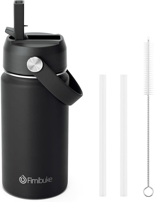 Fimibuke Kids Insulated Water Bottle, 14oz BPA FREE 18/8 Stainless Steel Travel Tumbler Double Wall Vacuum Leak Proof Kids Cup with Straw Metal Water Bottle for School Boys Girls(1 Pack, Black)