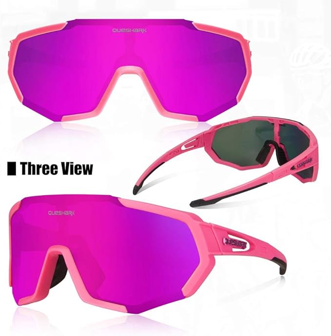 Queshark Cycling Glasses, Sports Sunglasses for Men Women, 1 Polarized 2 HD Lens, Polarized Sunglasses for Cycling Running