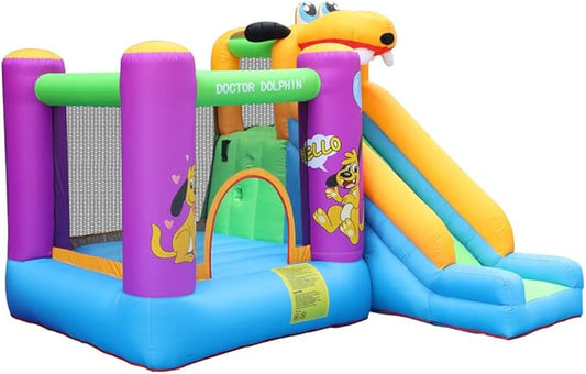Doctor Dolphin Bounce House Slide with Blower Bounce House for Kids 5-12 Bounce House for Kids, Jumping Bouncy Castle with Puppy Slide Outdoor, Inflatable Bouncer with Blower