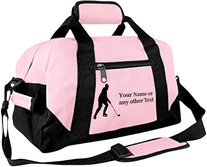 Personalized Passion 14” Small Sports Duffel Bags for Kids - Waterproof Travel Duffle with Name & Hockey Design - Pink Two-Toned Kids Weekender Bag for Boys and Girls