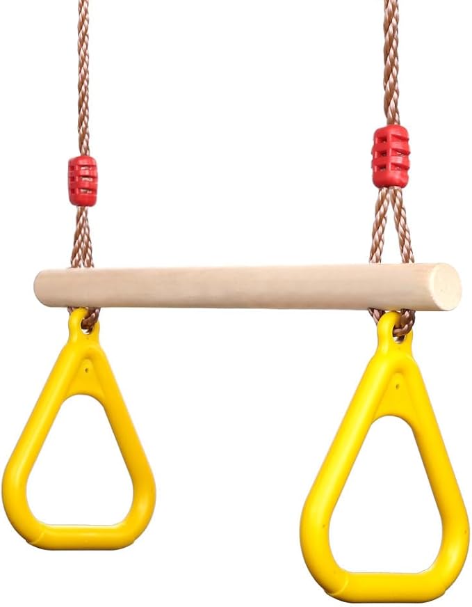 PELLOR Playground Children's Wooden Trapeze Swing Bar with Plastic Gym Rings Swing Set for Indoor & Outdoor Fun