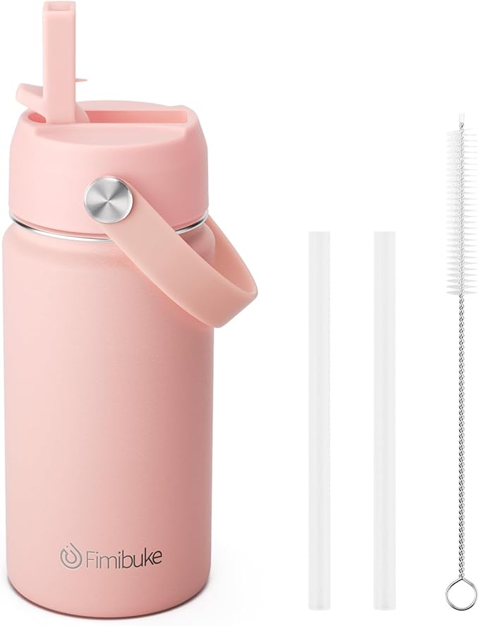 Fimibuke Kids Insulated Water Bottle, 14oz BPA FREE 18/8 Stainless Steel Travel Tumbler Double Wall Vacuum Leak Proof Kids Cup with Straw Metal Water Bottle for School Boys Girls(1 Pack, Blush)