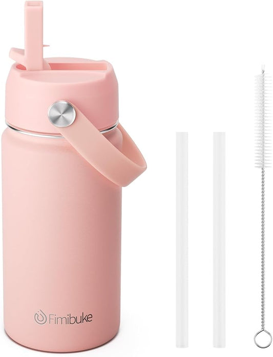 Fimibuke Kids Insulated Water Bottle, 14oz BPA FREE 18/8 Stainless Steel Travel Tumbler Double Wall Vacuum Leak Proof Kids Cup with Straw Metal Water Bottle for School Boys Girls(1 Pack, Blush)