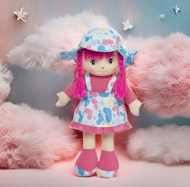 LOVE & HUG 24" Huggable Soft Doll with Blue & Pink Dress and Soft Yarn Hair
