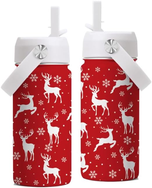Christmas 16 oz Water Bottle with Straw Lid, Stainless Steel Insulated Tumbler, Deer Water Bottles, Reindeer Cup Gifts for Christmas Birthday (1pcs)